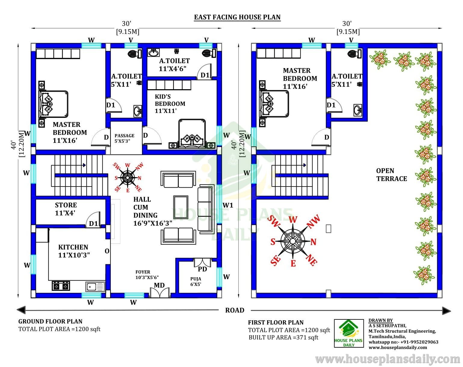 East Facing 2 BHK Vastu House Plan
