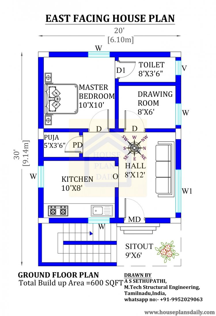 20x30 East Facing Vastu House Plan