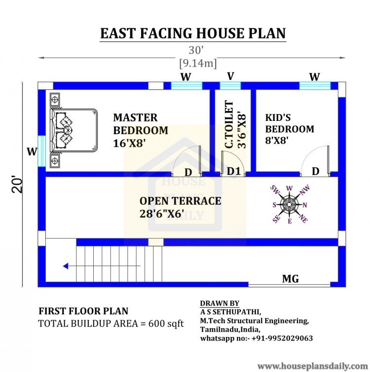 30x20  East facing House Plan as per Vastu