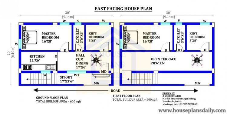 30x20  East facing House Plan as per Vastu