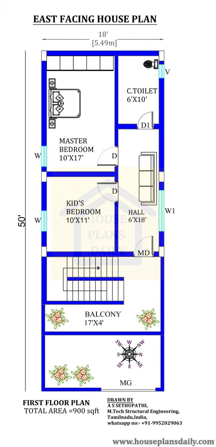 18x50 East face house design as per vastu