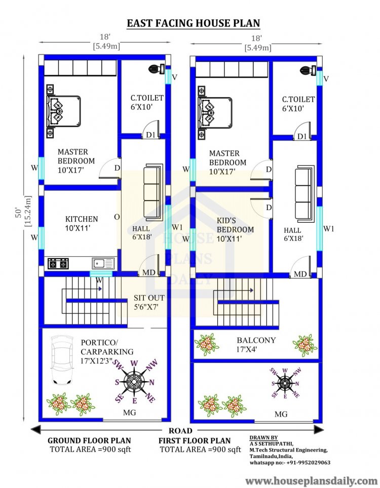 18x50 East face house design as per vastu