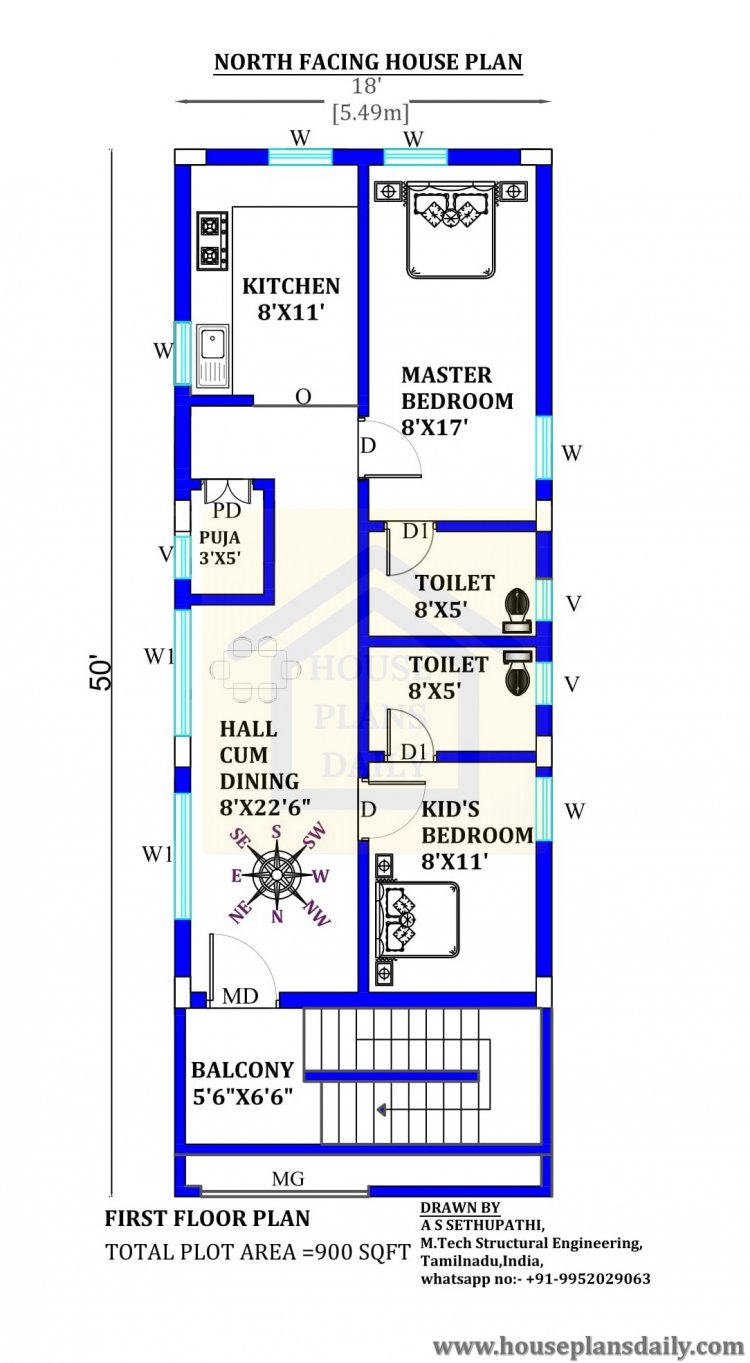 18x50 north house vastu plan