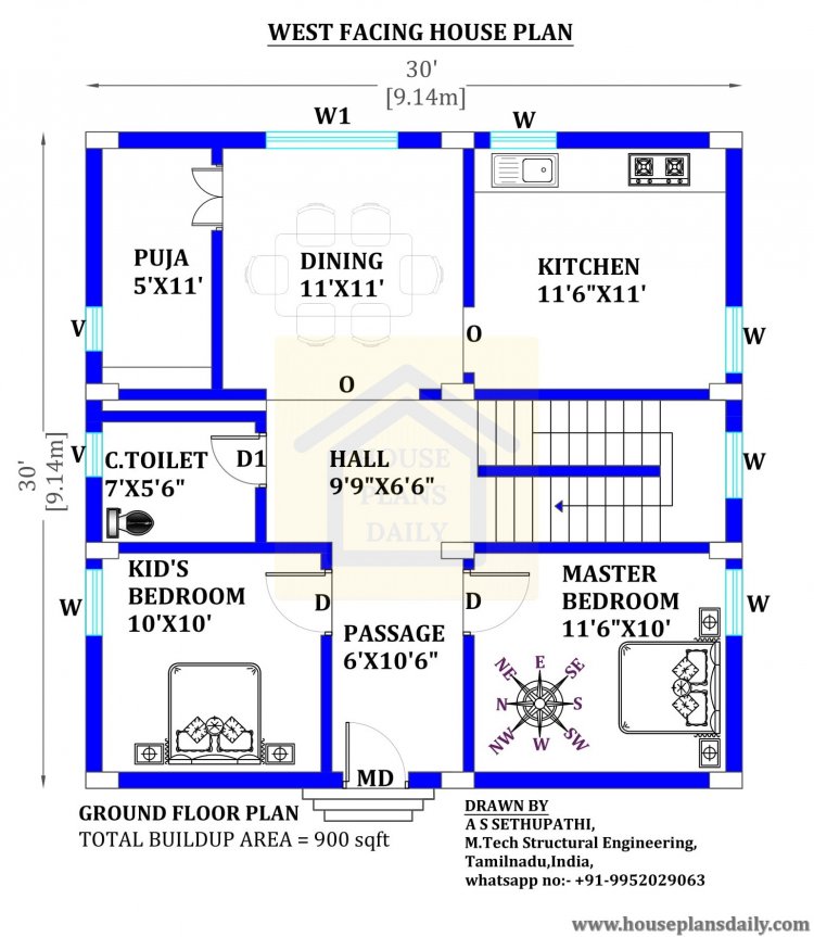 30x30 Beautiful west face home Vastu plan