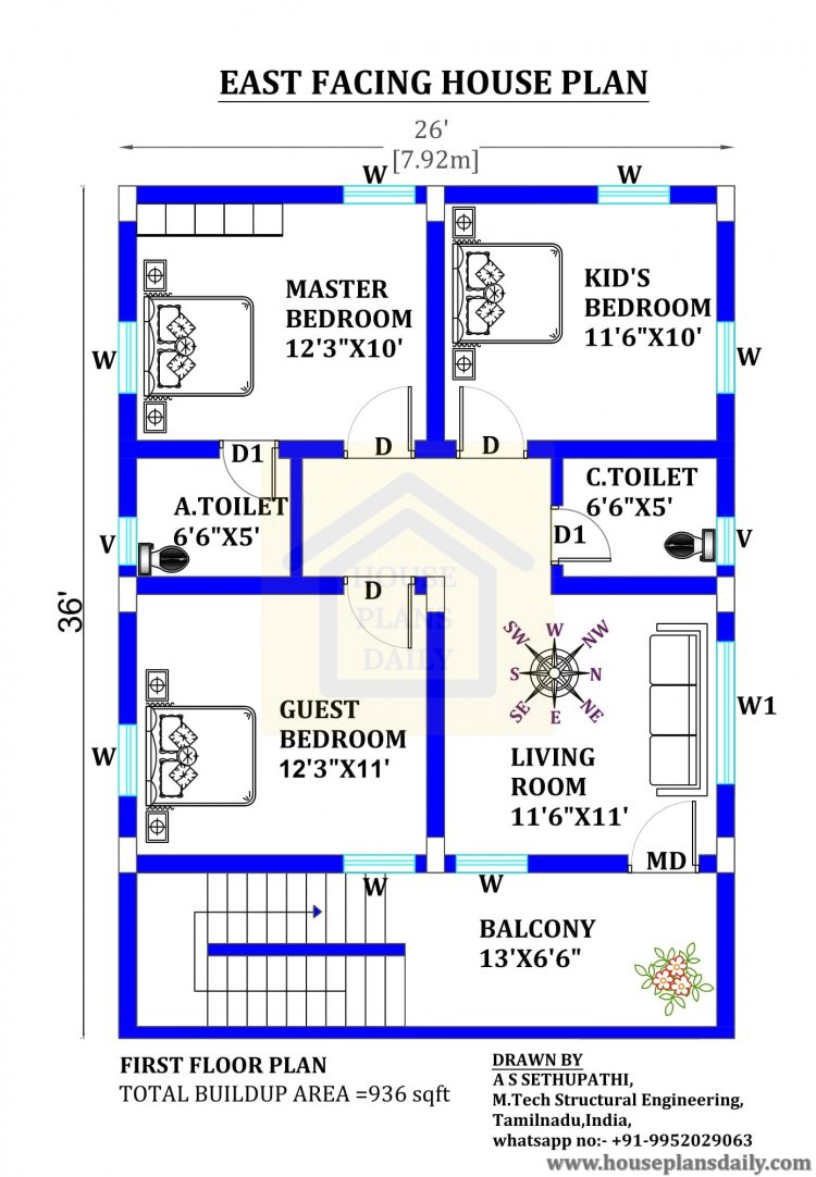 26x36 east facing Vastu house design