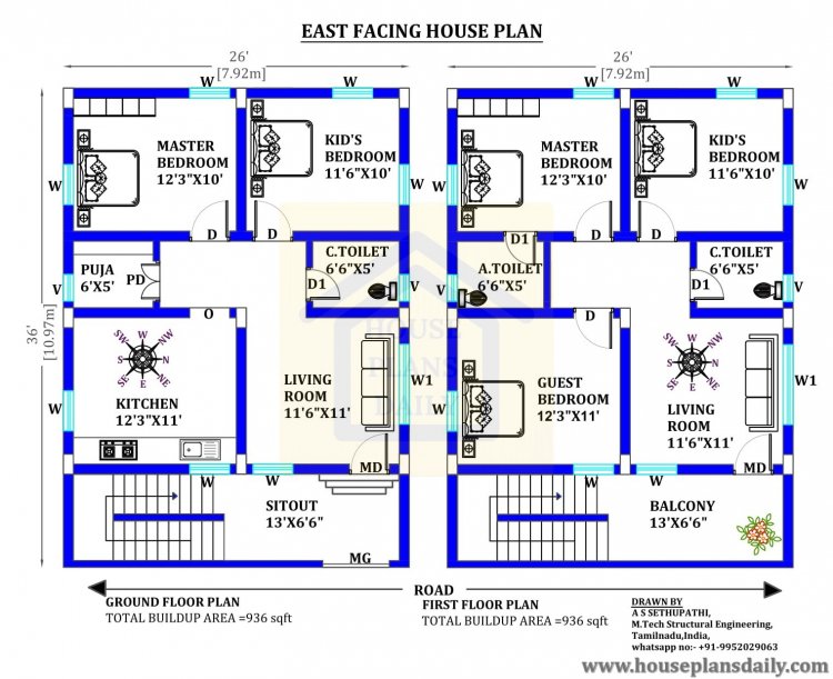 26x36 east facing Vastu house design