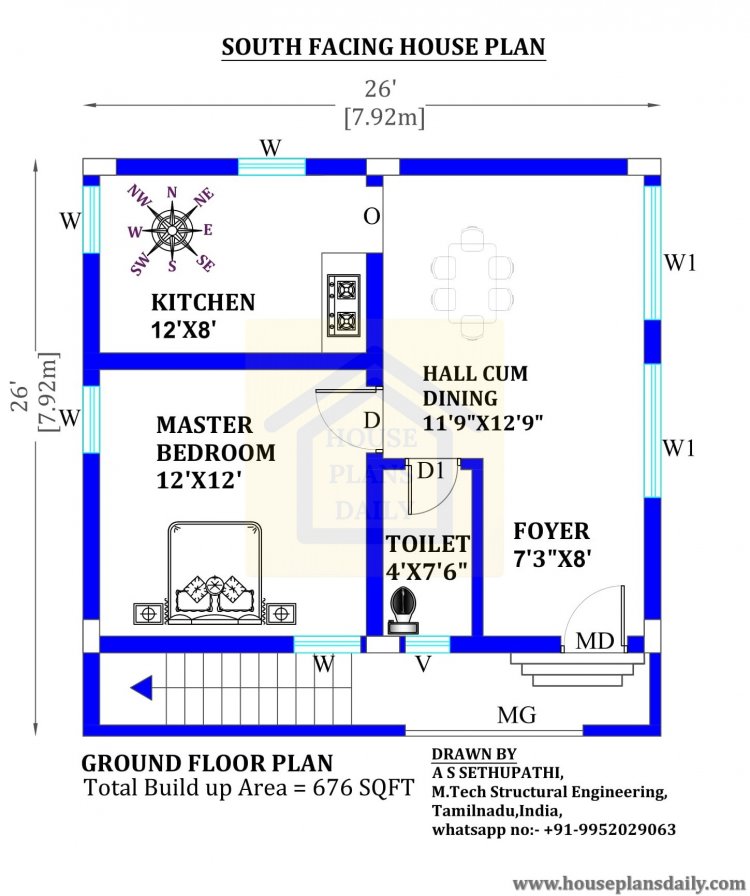 26x26 South Facing Vastu Home Plan