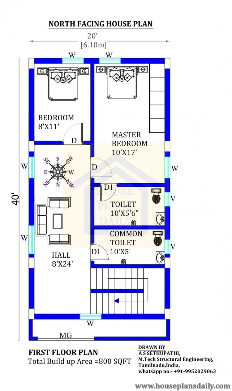 20x40 North Facing House Plan with Vastu