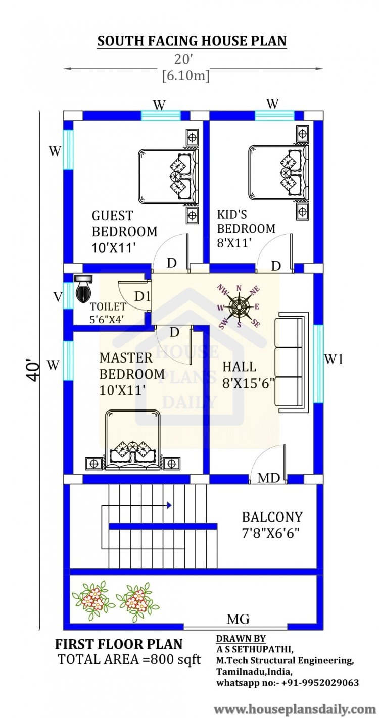 20x40 South Facing Vastu House Design