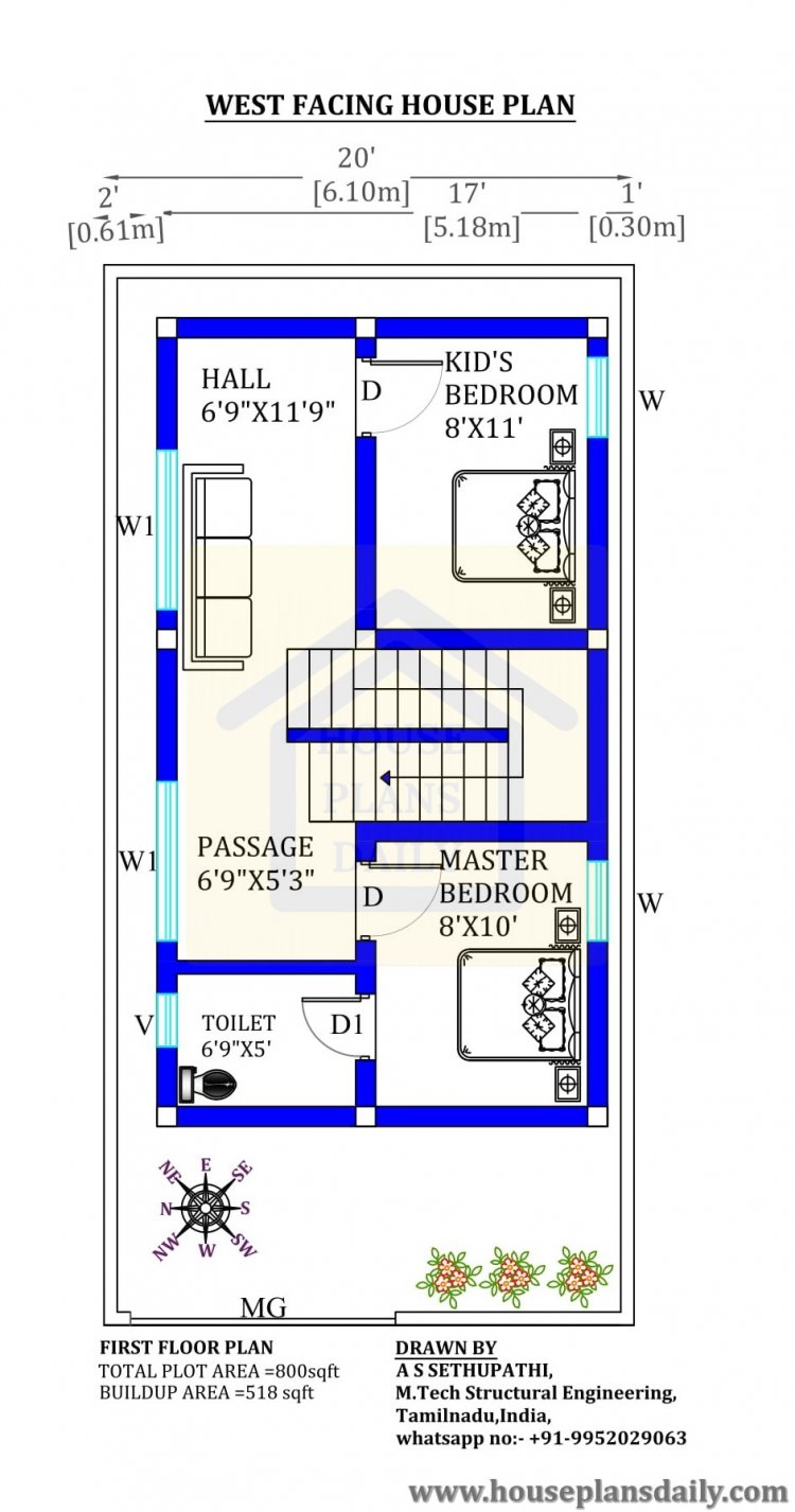 20x40  Vastu Shastra Home Plan West Facing