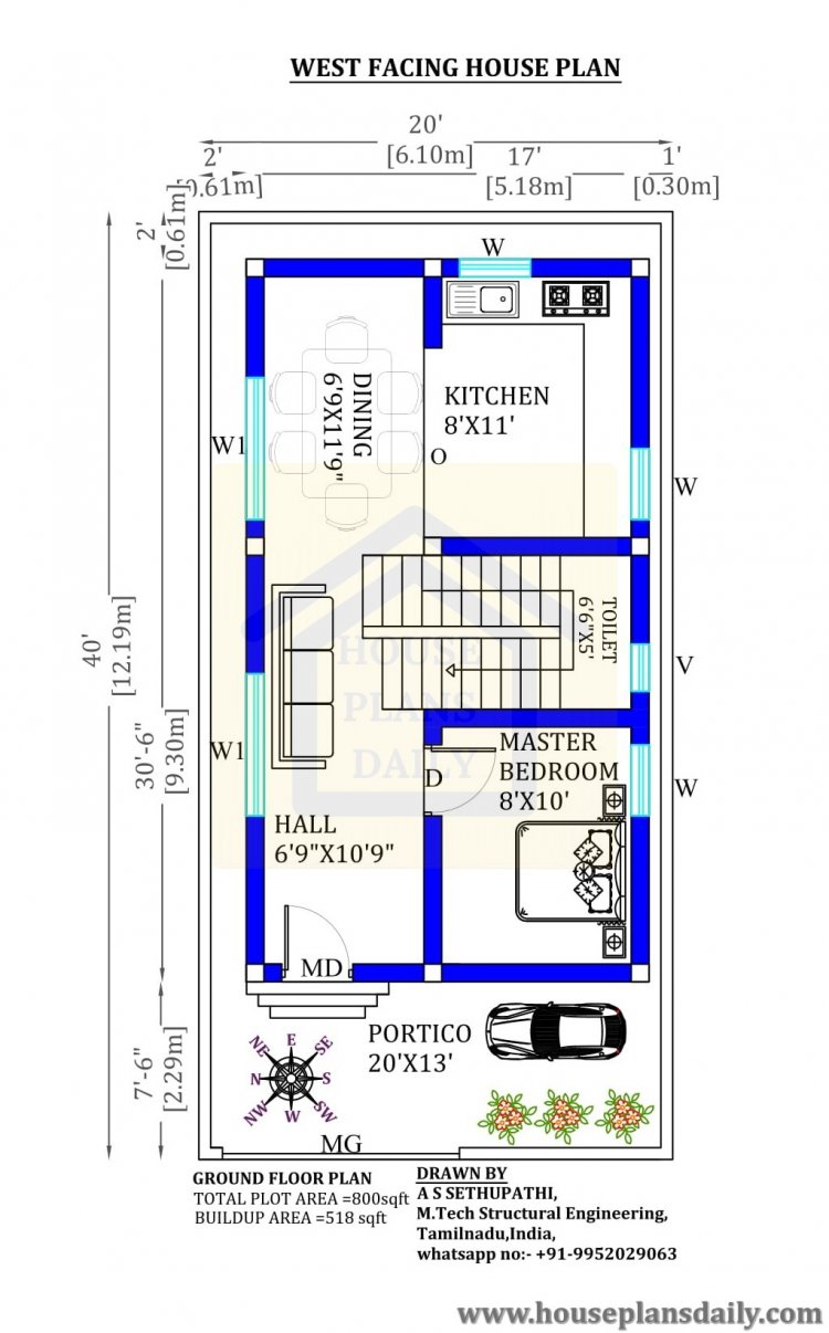 20x40  Vastu Shastra Home Plan West Facing