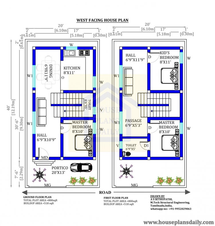 20x40  Vastu Shastra Home Plan West Facing