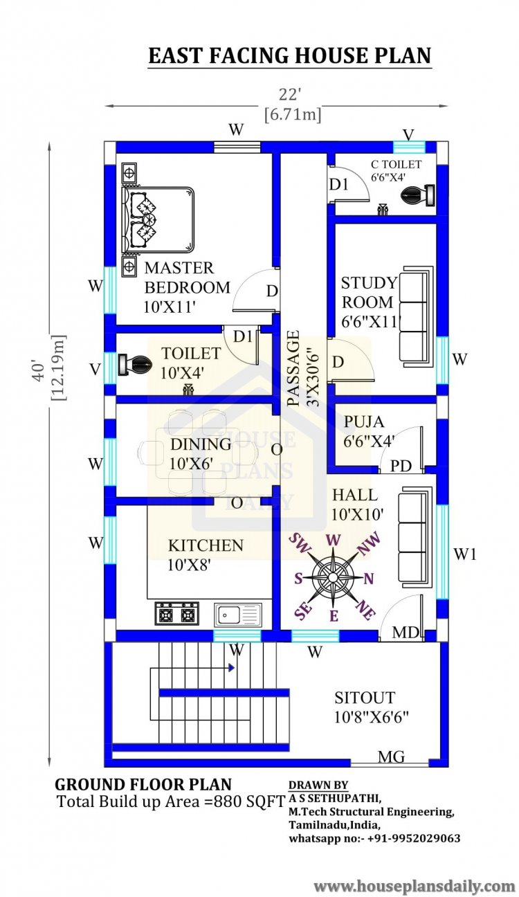 22x40 East Facing Vastu House Plan