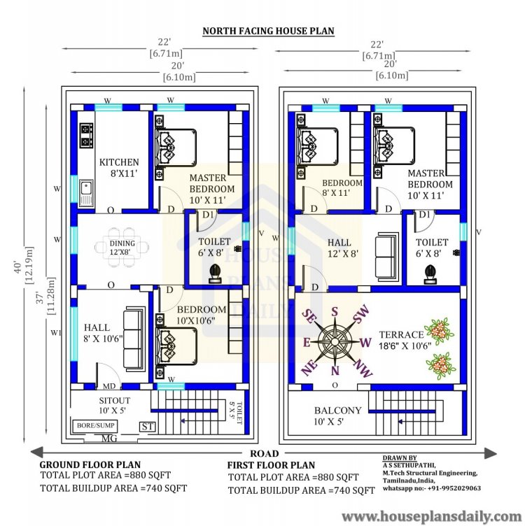 22x40 North Facing House Plan