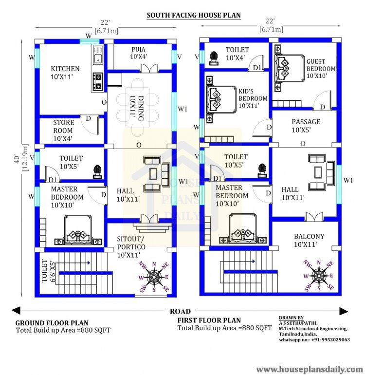 22x40 South Facing Vastu Home Design