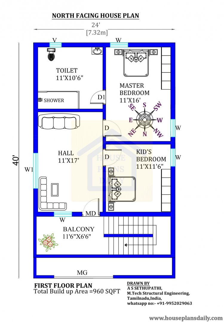 24x40 North facing Home Plan with Vastu