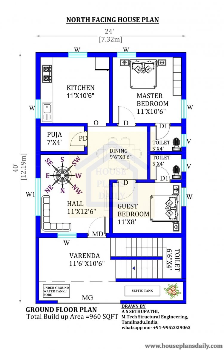 24x40 North facing Home Plan with Vastu