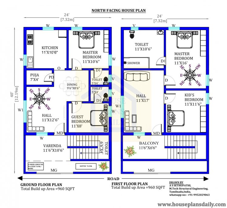 24x40 North facing Home Plan with Vastu