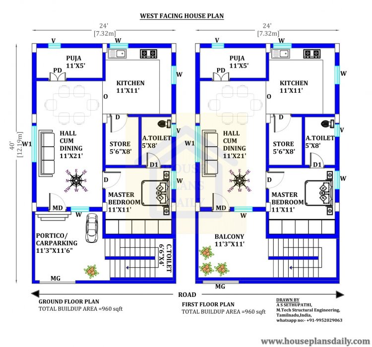 24x40 West Facing Vastu House Plan