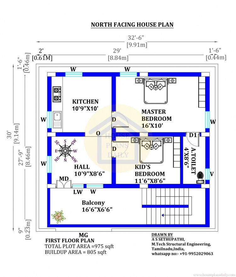 North Facing House Plans As Per Vastu| 33x30 Modern Design - House Plan ...