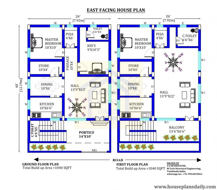 26x40 East Face House Plan As Per Vastu