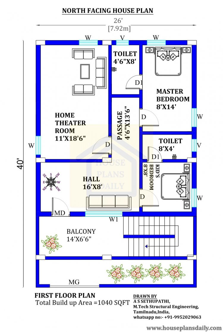 26x40  North Face Vastu Home Plan