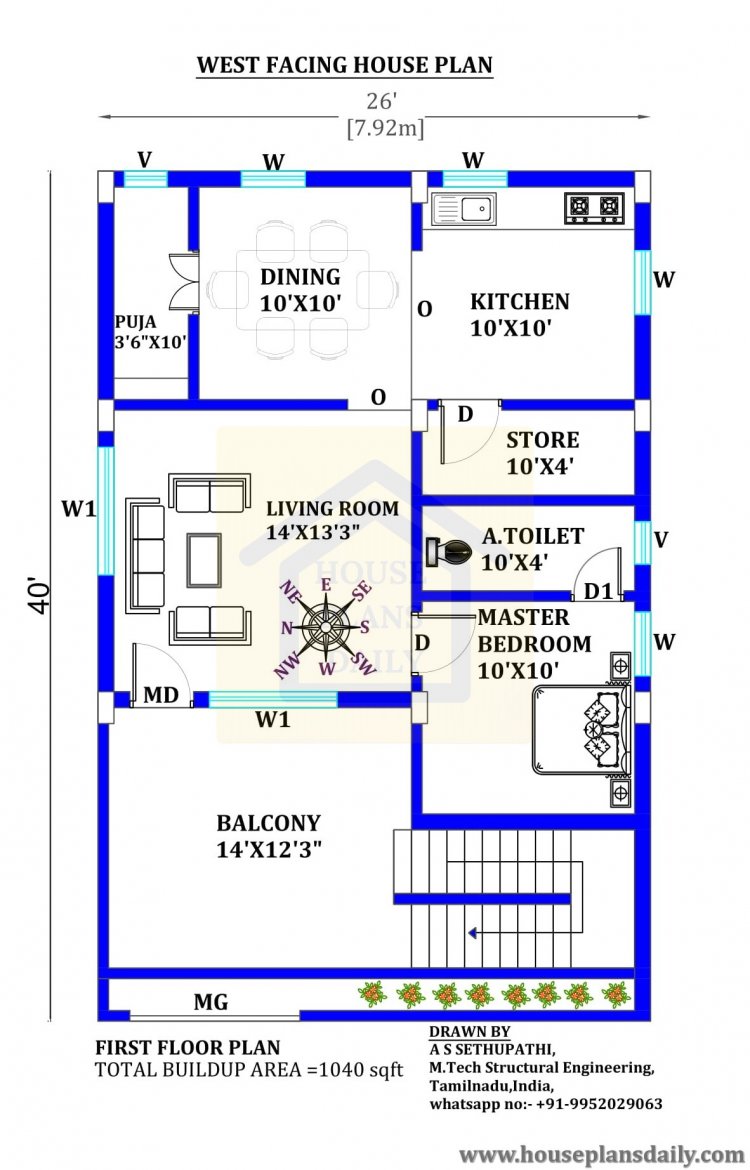 26x40  West Facing Vastu Home Plan