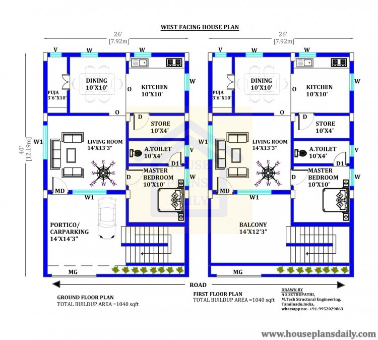 26x40  West Facing Vastu Home Plan