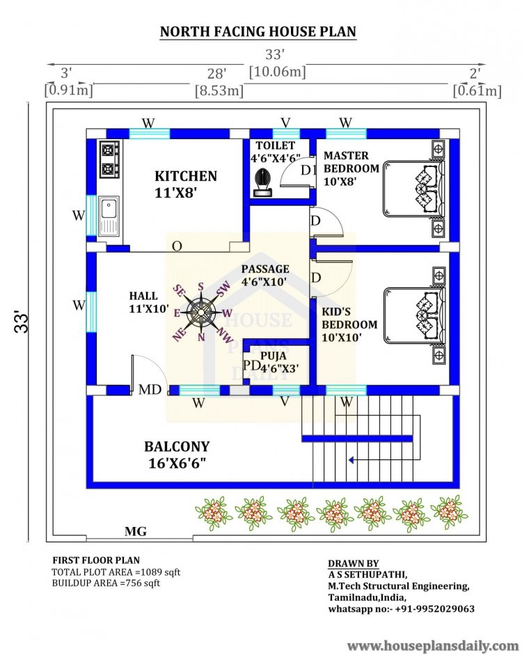 33x33  North Face Home Plan As Per Vastu