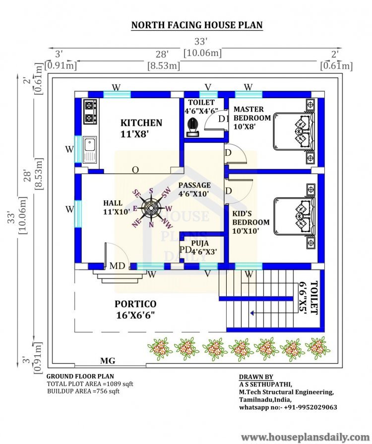 33x33  North Face Home Plan As Per Vastu