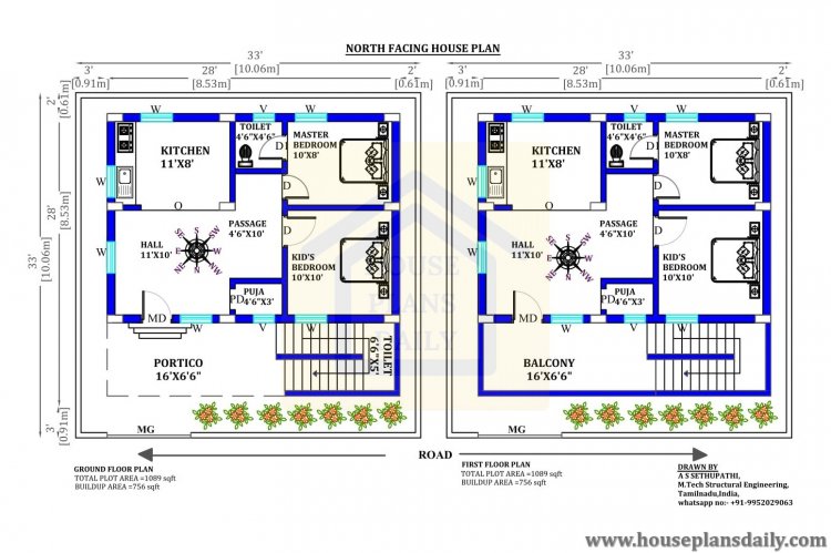 33x33  North Face Home Plan As Per Vastu