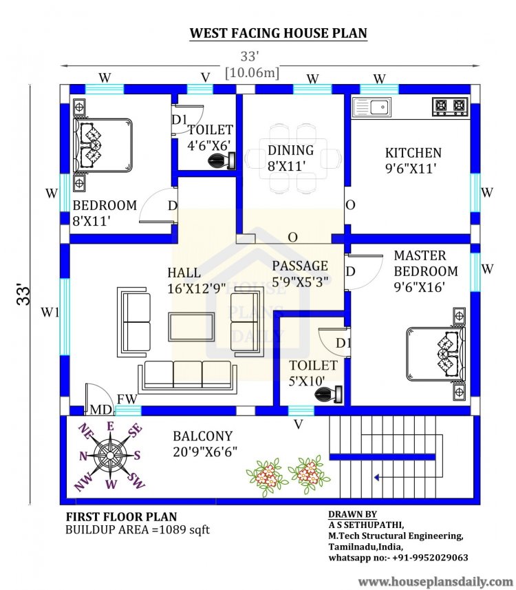 33x33 West Facing Vastu House Plan