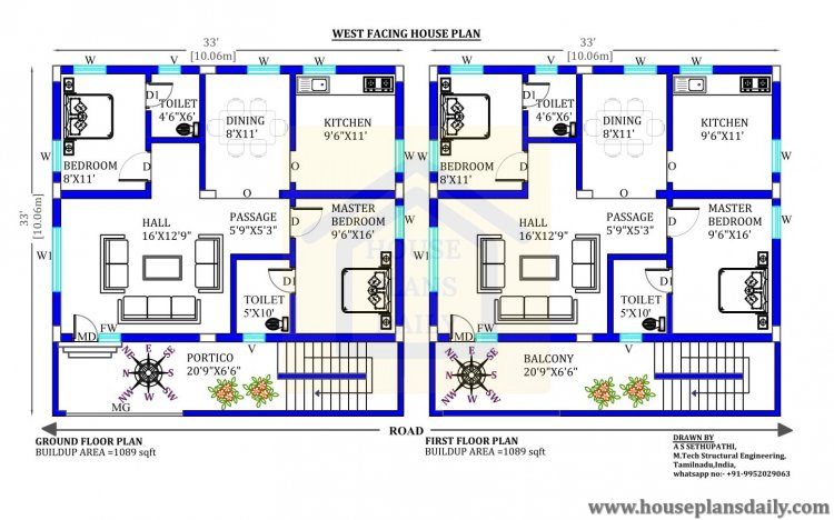 33x33 West Facing Vastu House Plan