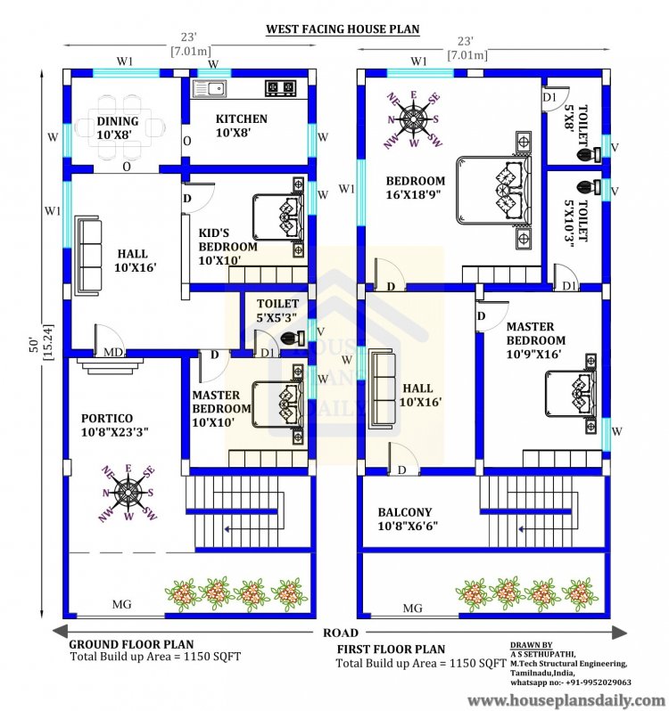 23x50 West Facing  Vastu Home Plan