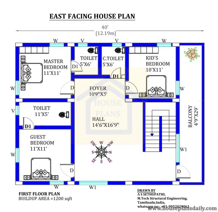 40x30 East Facing House Vastu Plan