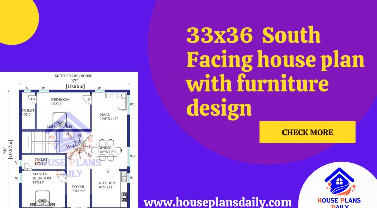 33x36 South Facing house plan with furniture design