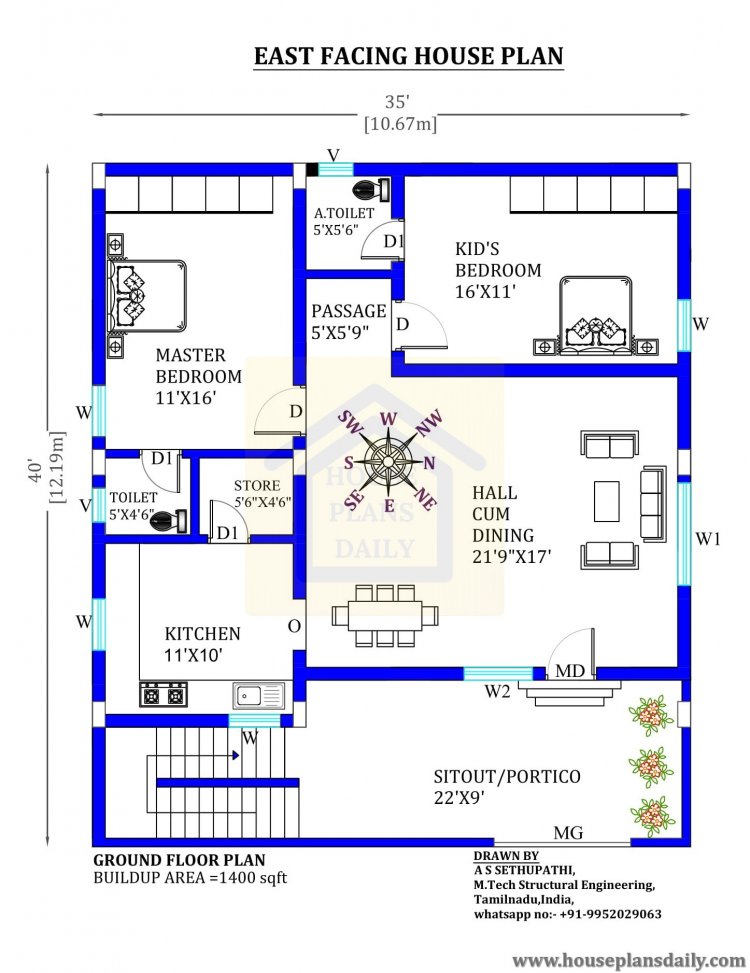 35x40 East Direction House Plan