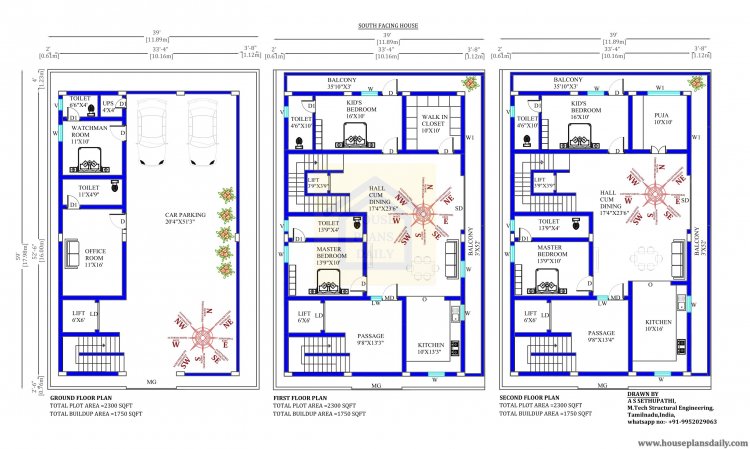 39x59 G+2 South Facing Home Plan With Vastu