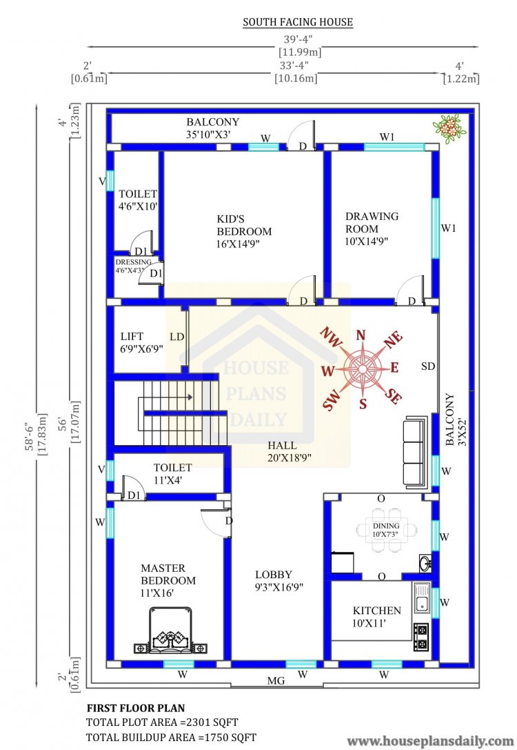 39x58 South Facing House Plan with Vastu