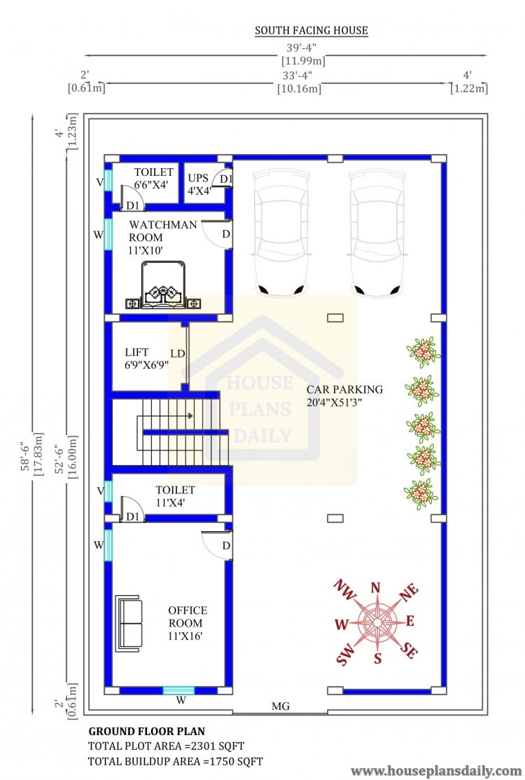 39x58 South Facing House Plan with Vastu