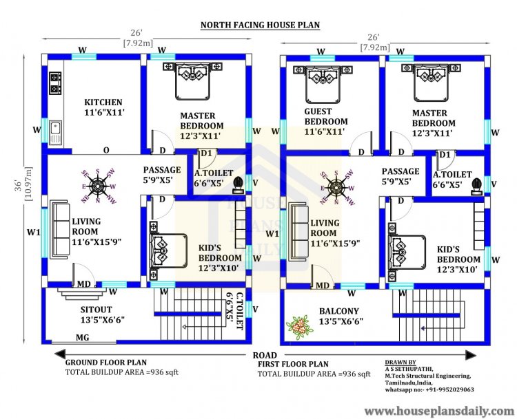 26x36 north facing house Vastu design
