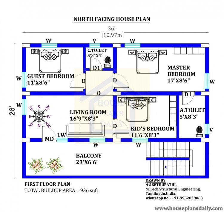 36x26 north facing Vastu plan - House Plan and Designs |PDF Books