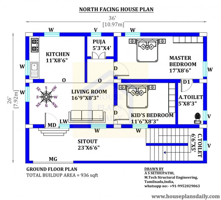 36x26 north facing Vastu plan