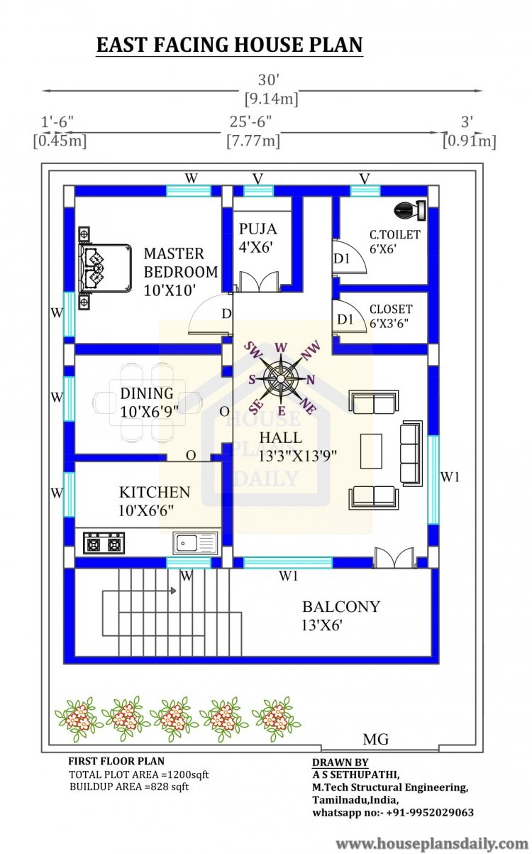 30x40 East facing Vastu home model