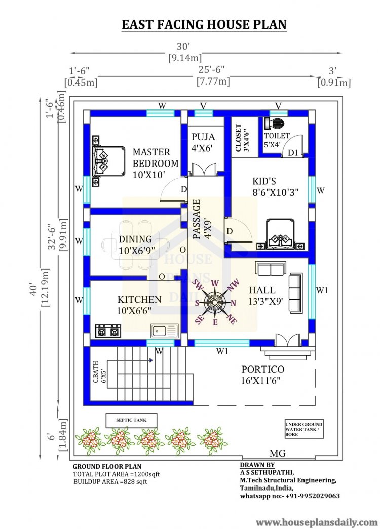 30x40 East facing Vastu home model