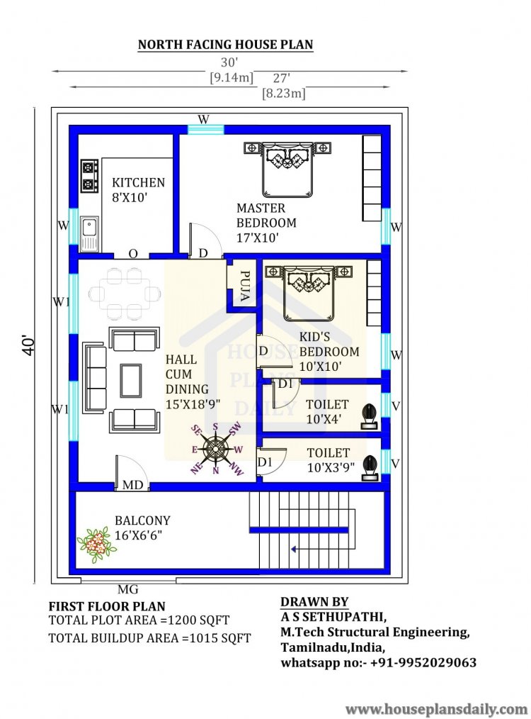 30x40 North Facing  House Plan