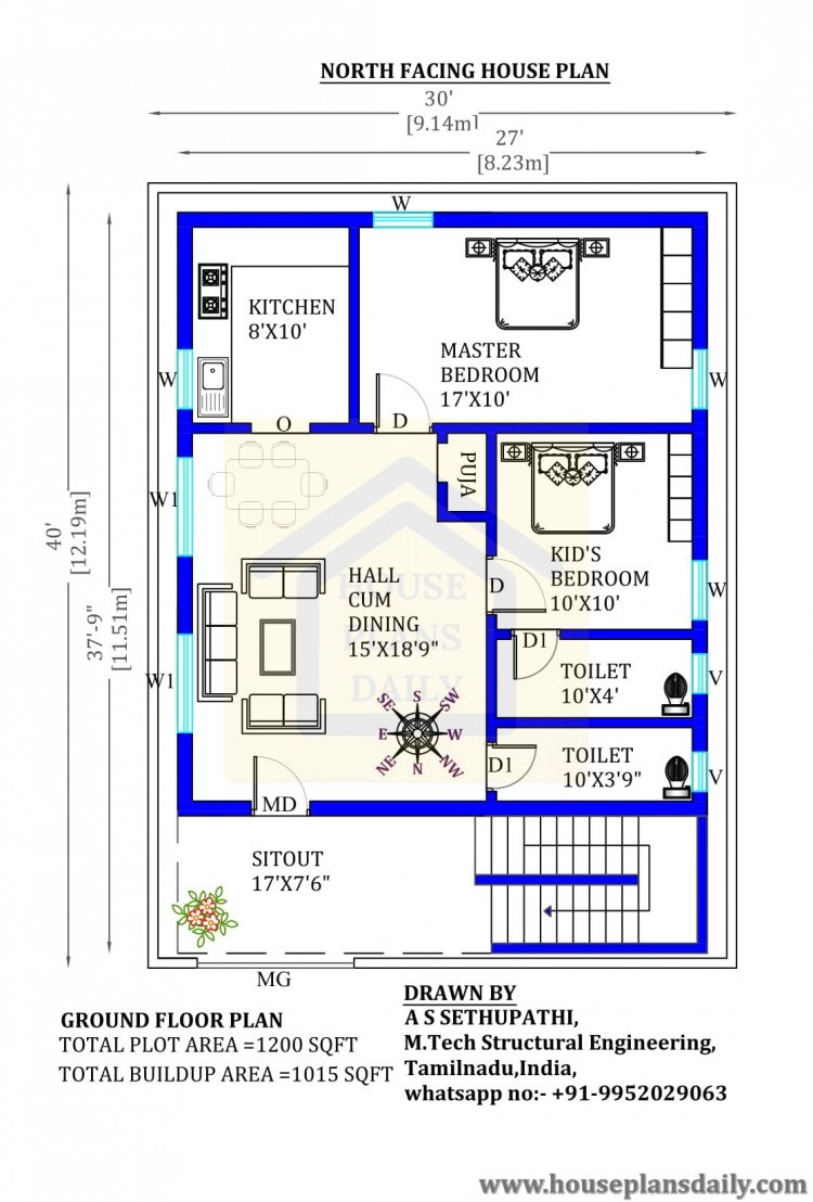 30x40 North Facing  House Plan