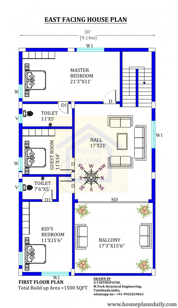 30x50 east facing Vastu plan