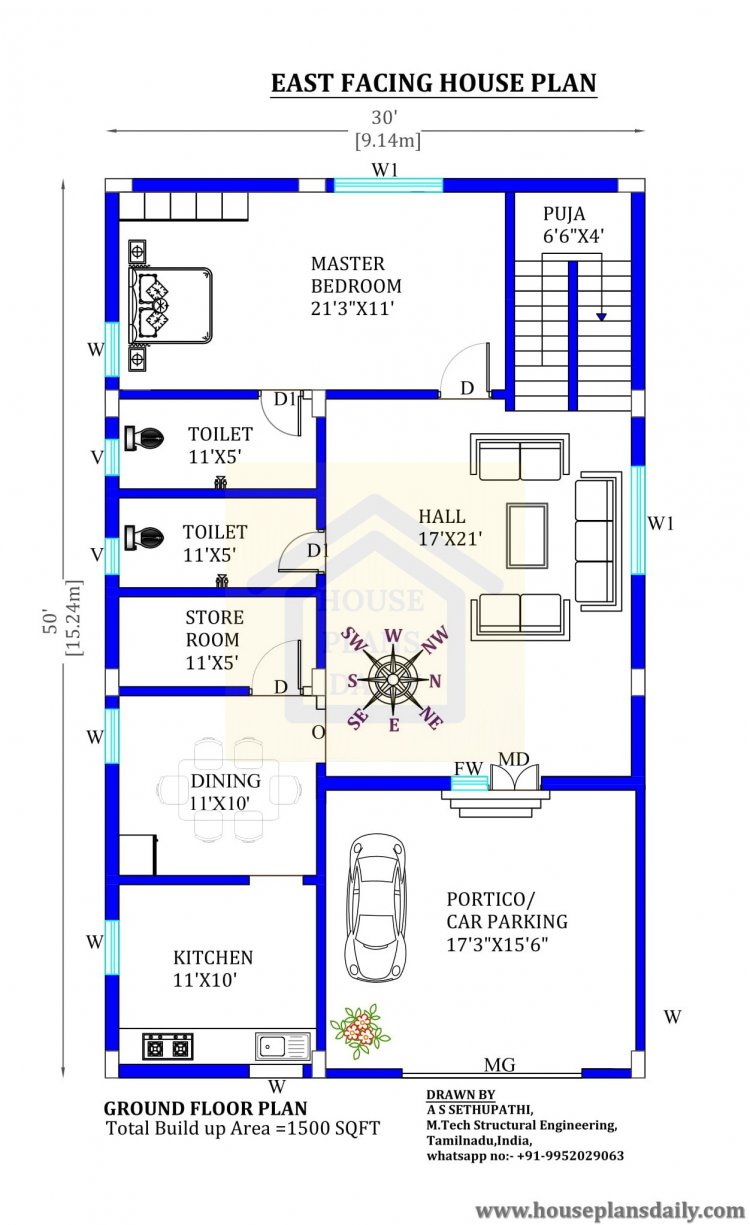 30x50 east facing Vastu plan