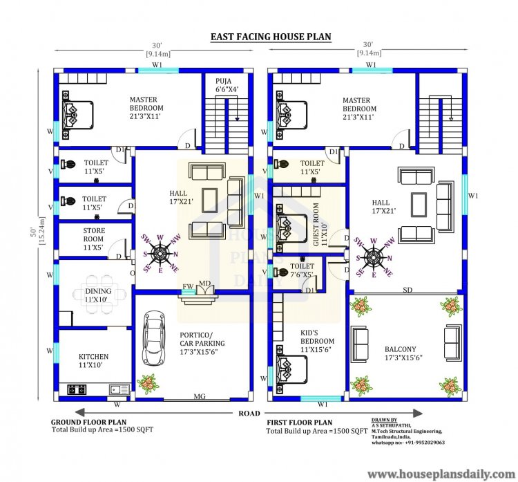 30x50 east facing Vastu plan